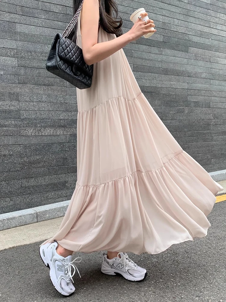 Chique verão doce personalidade em torno do pescoço emenda camadas solto casual longo chiffon colete vestido estilo coreano c...