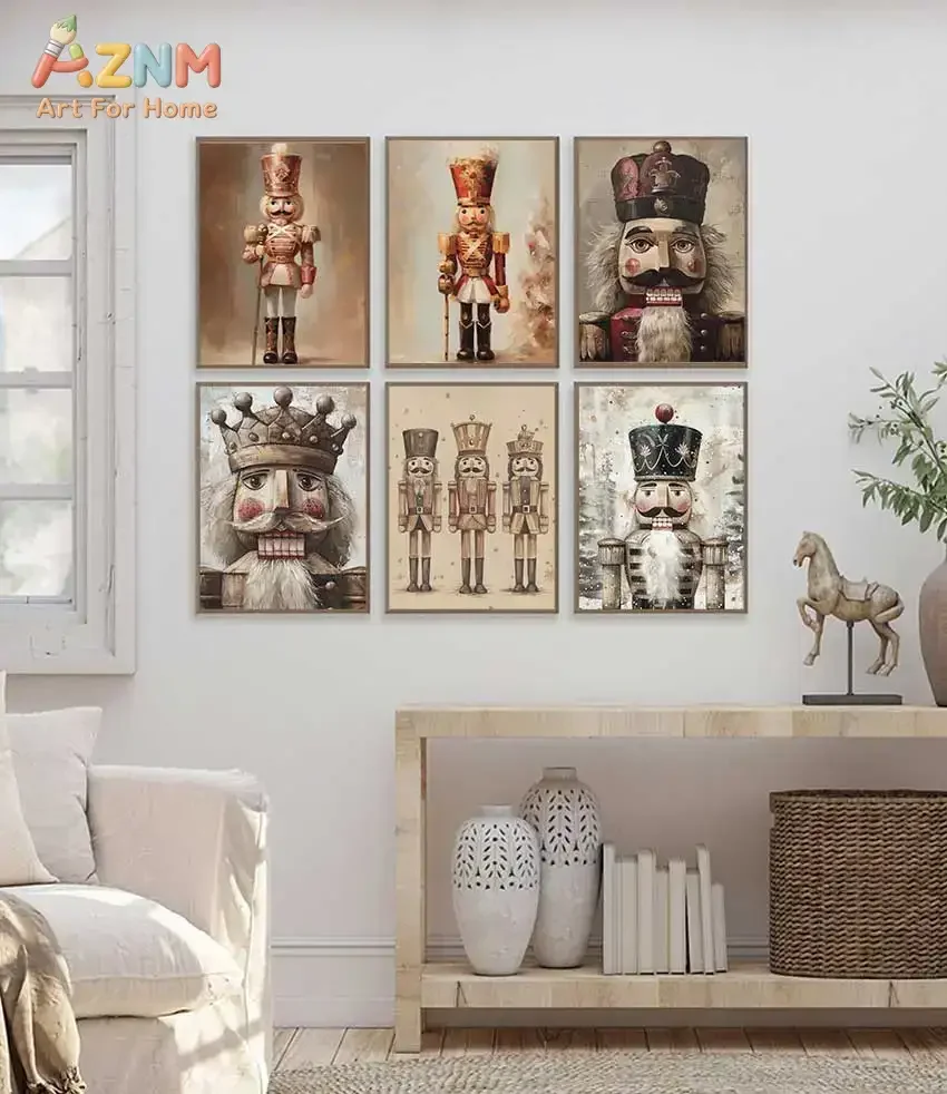 AZNM Vintage Nutcracker Canvas Wall Art Antique Soldier Figurine Retro Oil Painting Style Print Poster Christmas Festive Art for