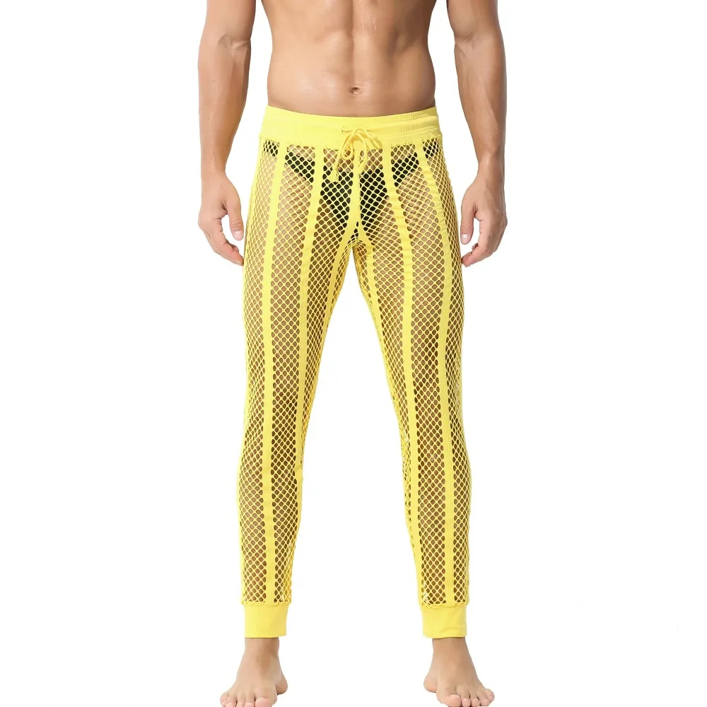 Sexy Men Casual Mesh Fishnet Hollow Out Elastic Waistband Pants Leggings See Through Breathable Pajama Trousers with Drawstring