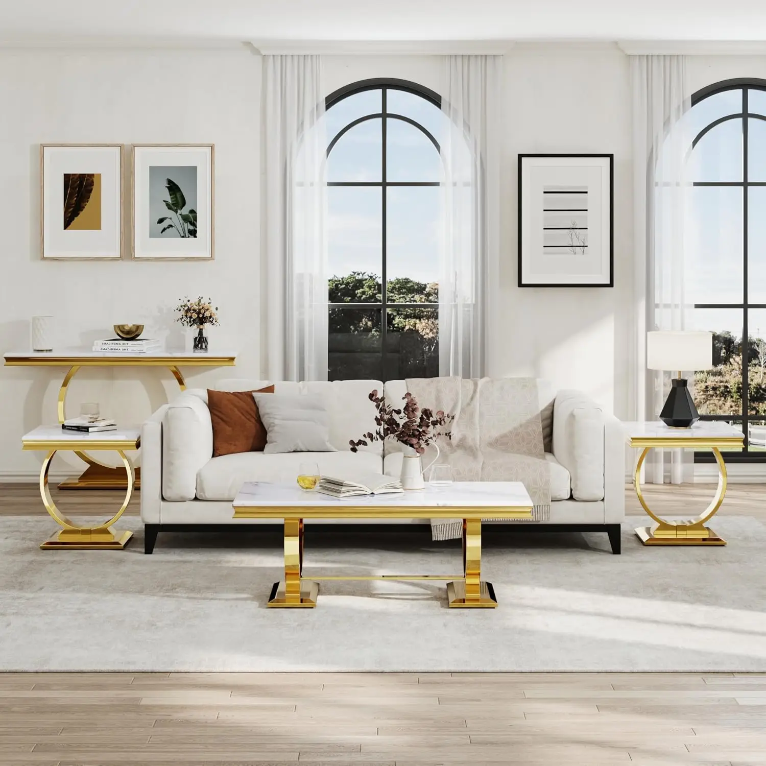 4 PCS Living Room Table Sets, White and Gold Living Room Table Sets with Polished Metal U-Shiped Base, One Coffee Table and One