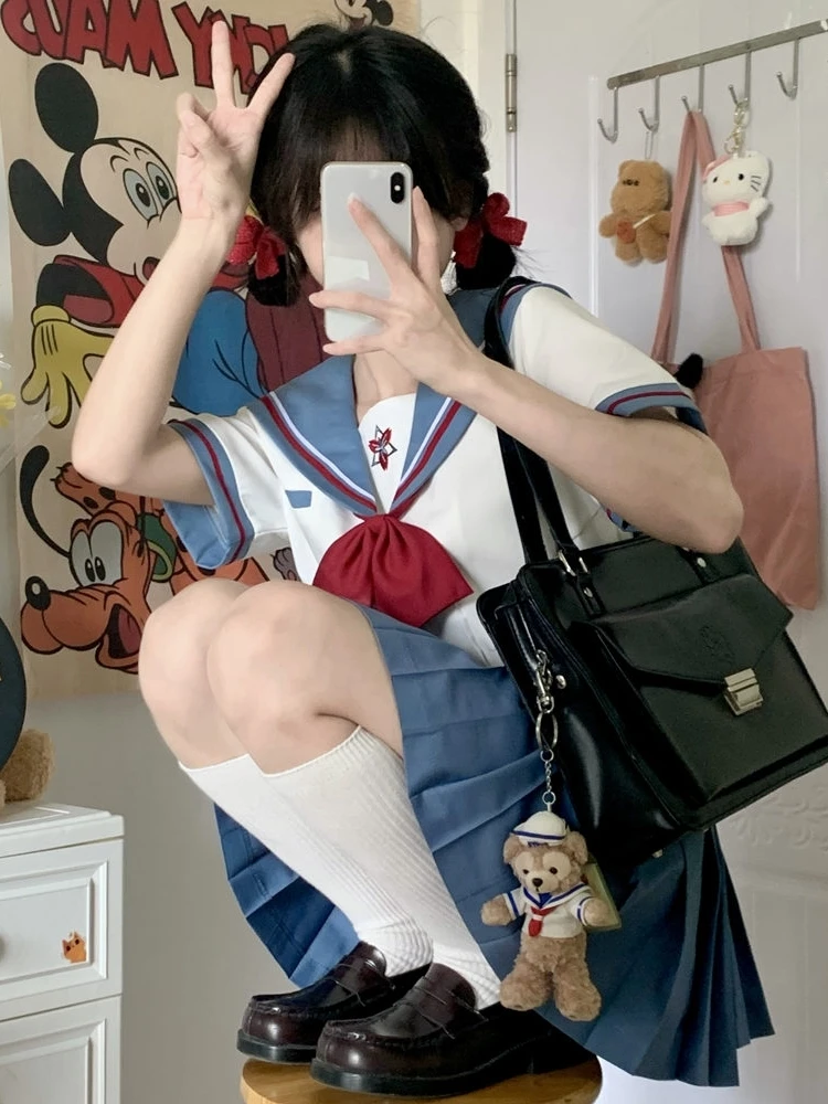 Pleated Skirt Jk Uniform Summer Sailor Suit Short Sleeved Skirt With Bow Tie Cute Kawaii Blue White Freshness Japanese Student