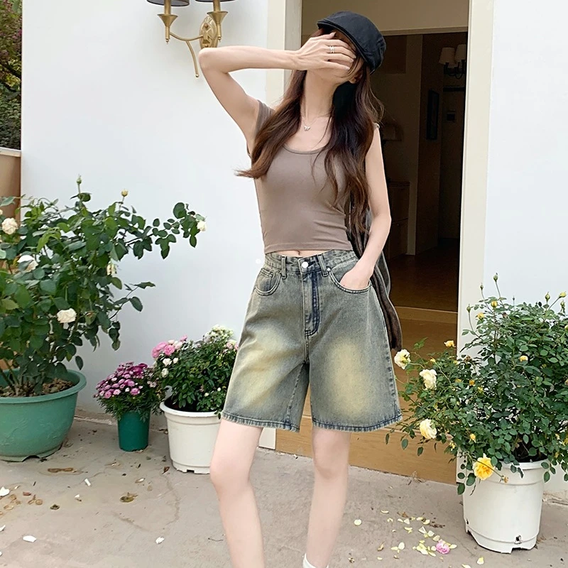 2024 Spring New Denim Shorts Women Straight Leg High Waist Solid Color American Retro Casual Versatile Short Pants Female