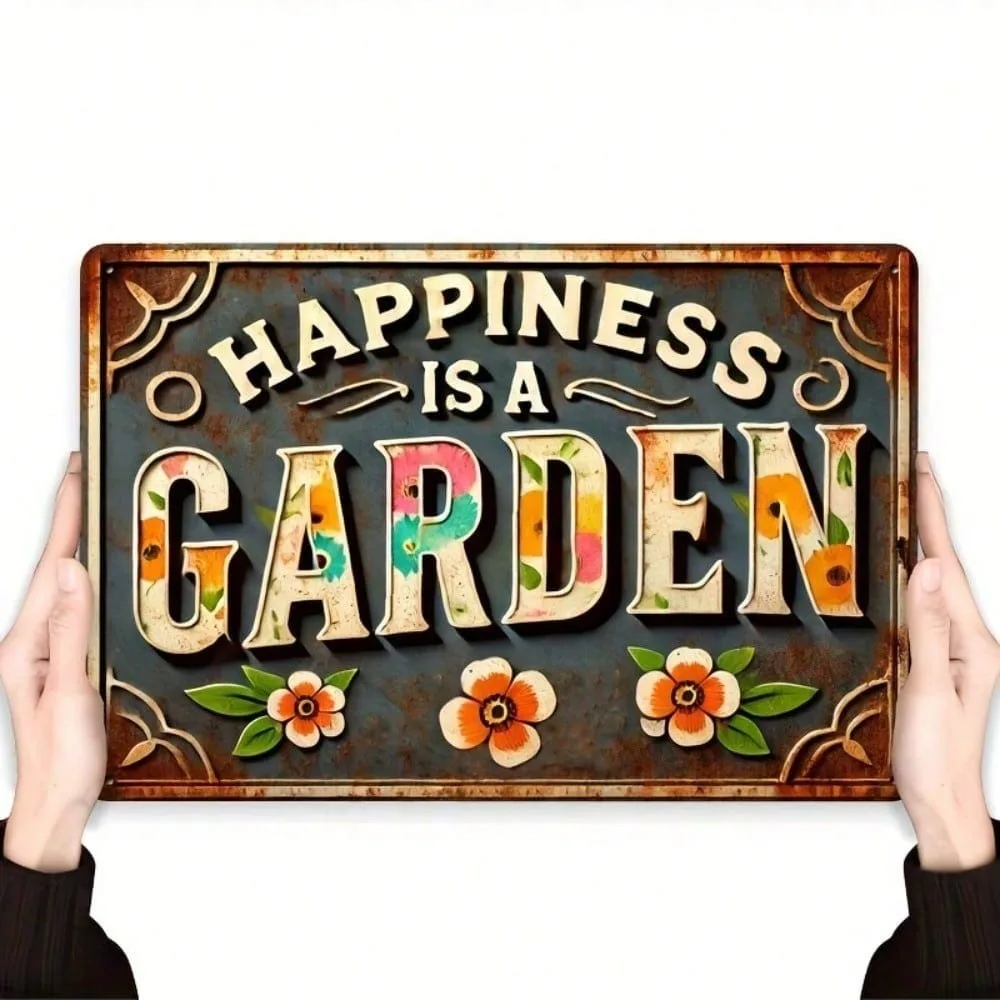 

Rustic Farmhouse Wall Sign "Happiness Is A Garden" 8x12 Inch, Art Deco Decor for Ramadan 2026 & Valentines, Vintage Iron Floral