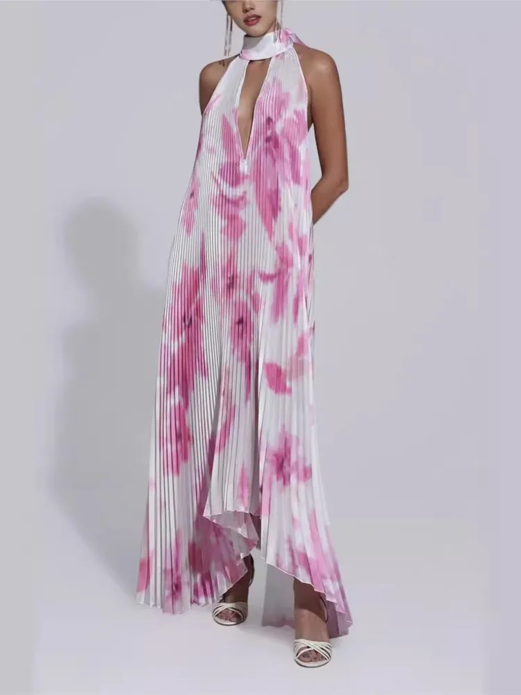 

Pleat Draped Irregular Long Dresses Ethnic Vintage Off Shoulder Hem Lady Dress Casual 2025 New Hollow Out Halter Printed Outfits