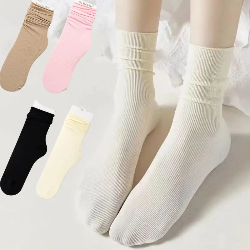 1pair Women Spandex Socks Black Beige Pile Up Socks Summer Antumn Thin Mid Tube Breathable Socks Solid Color Fashion Socks