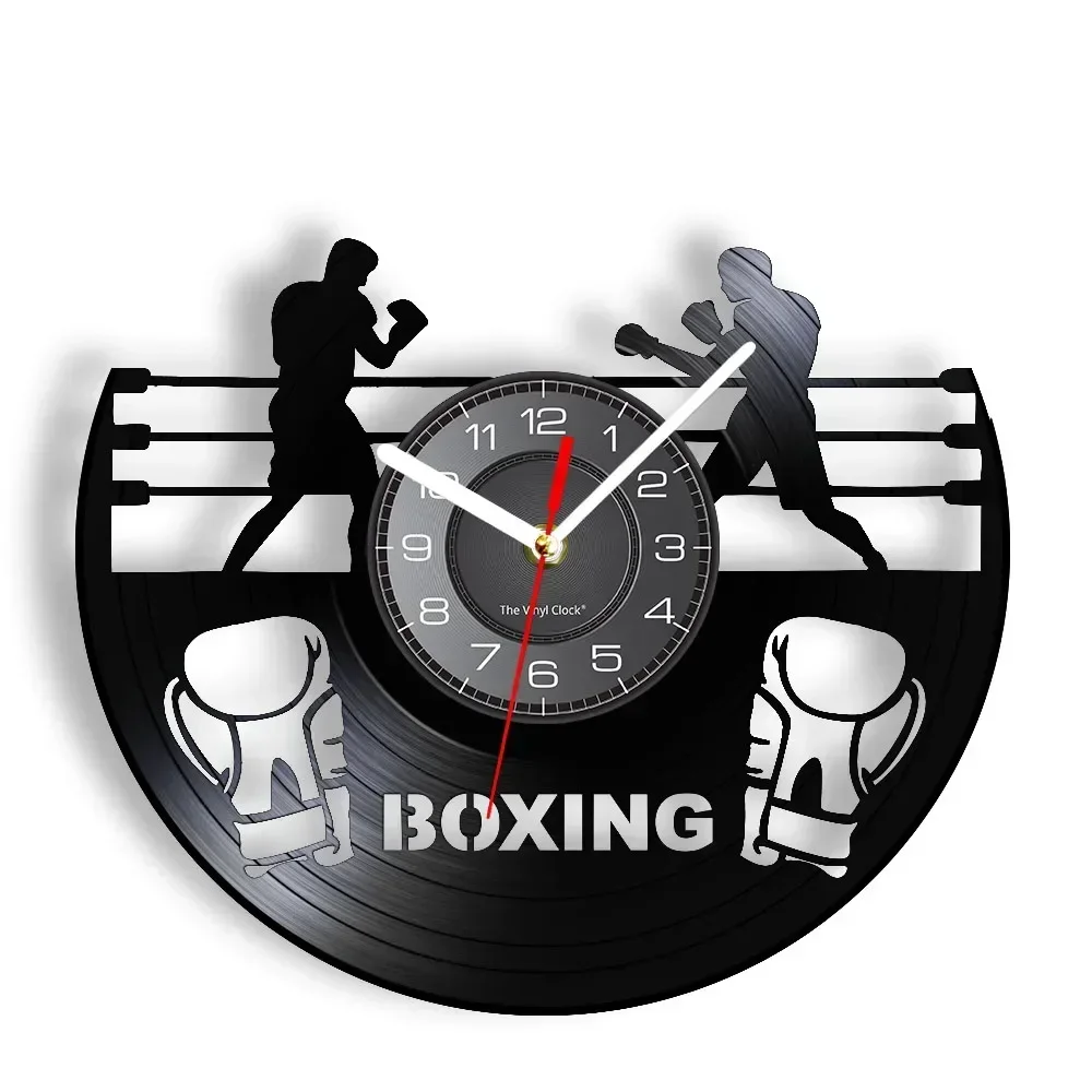 Boxing Game Inspired Vinyl LP Wall Clock  Boxing Club Hanging Decor Boxer Arena Glove Silhouette Wall Art Watch with Backlight