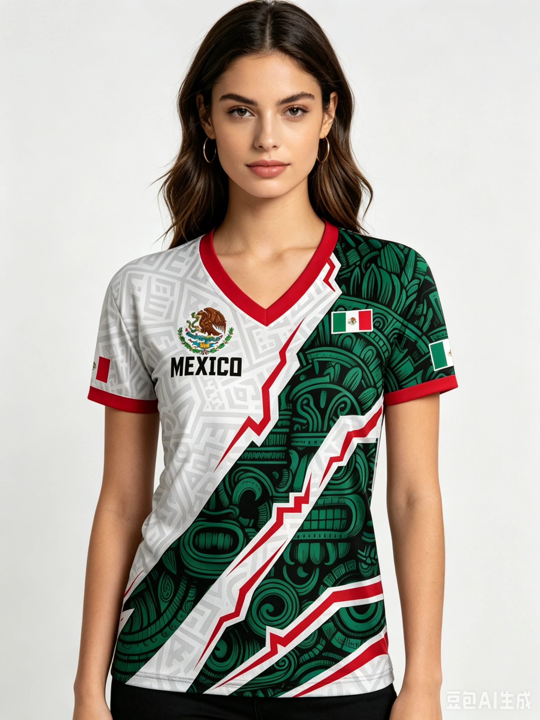 Mexico National Flag 3D Eagle Print Women's T-Shirts Casual V-neck Short Sleeve Tees Fashion Football Fan Summer Female Clothing