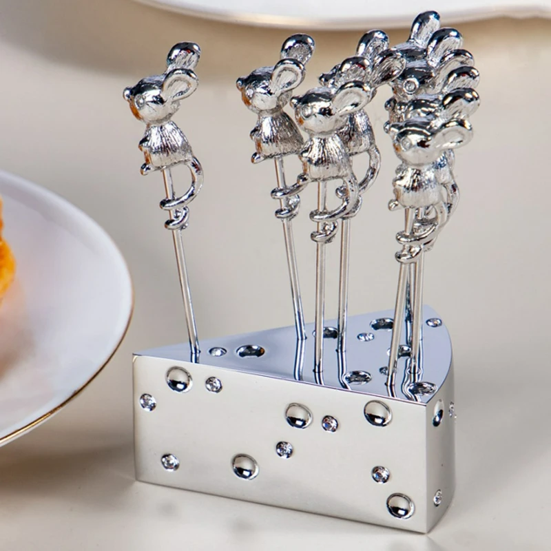 Valentine's Day Mouse Shaped Cheese Fork Stainless Steel Cute Cartoon Dessert Skewers Romantic Party Accessory