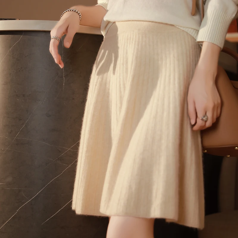 Elegant Women 100% Wool Knitted Skirt Korean Fashion Solid Casual A Line Ladies Pleated Short Skirt Spring Chic High Waist Skirt