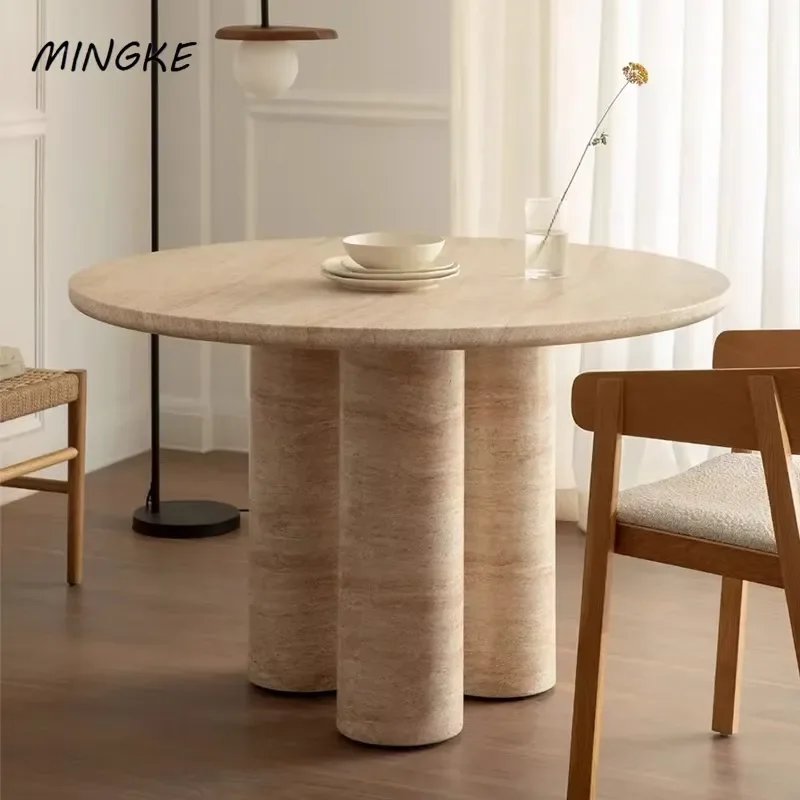 Modern Handmade Beige Travertine Stone Dining Table Set Customized Square Home Office Living Room Hotel Villa
