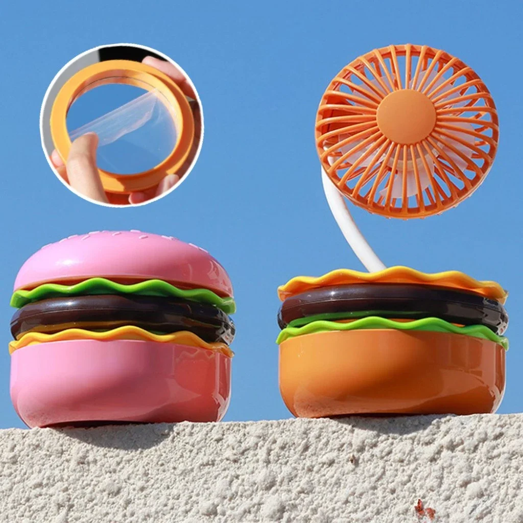 ¡Mini ventilador pequeño portátil de estilo de mano, ventilador de escritorio de hamburguesa de dibujos animados con carga inalámbrica tipo C de poco ruido con espejo de mano!