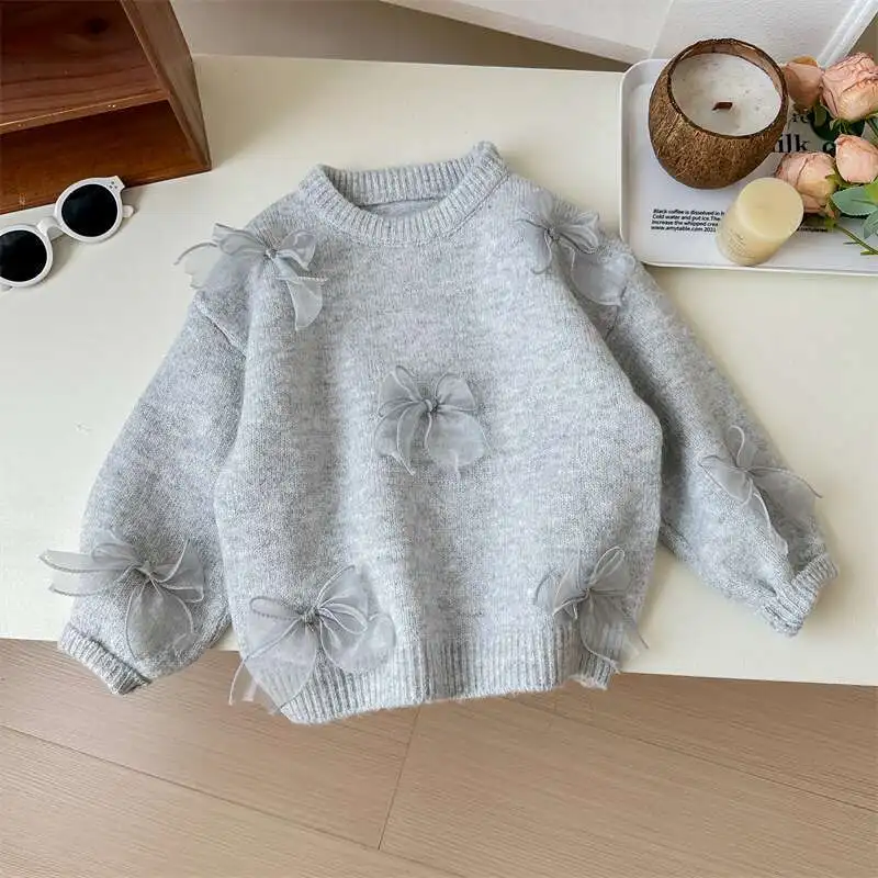 Girls Sweater Autumn Winter Girls Sweater Solid Color O- Neck Bow Knitted Bottoming Shirt For Girls Fashion Knit Woollen Sweater
