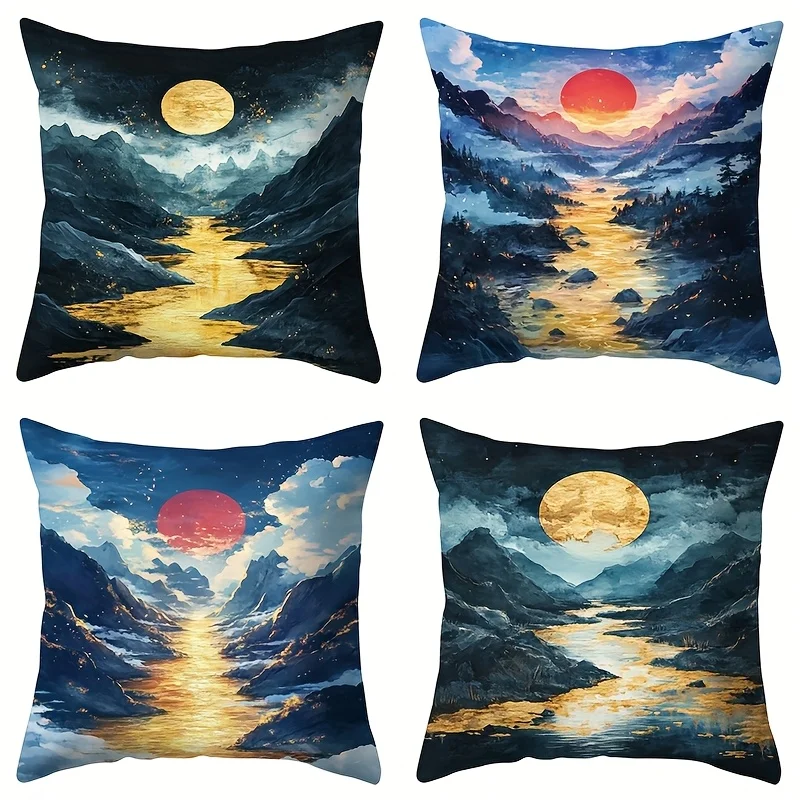 4pcs Sunrise and Sunset Design Single-sided printing Short plush Suitable living rooms bedrooms sofas (excluding pillow cores)
