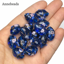 12x17mm Murano Blue Handmade Rose Flower Gold Line Lampwork Glass Oval Crafts Beads For Jewelry Making Diy Bracelet Accessories