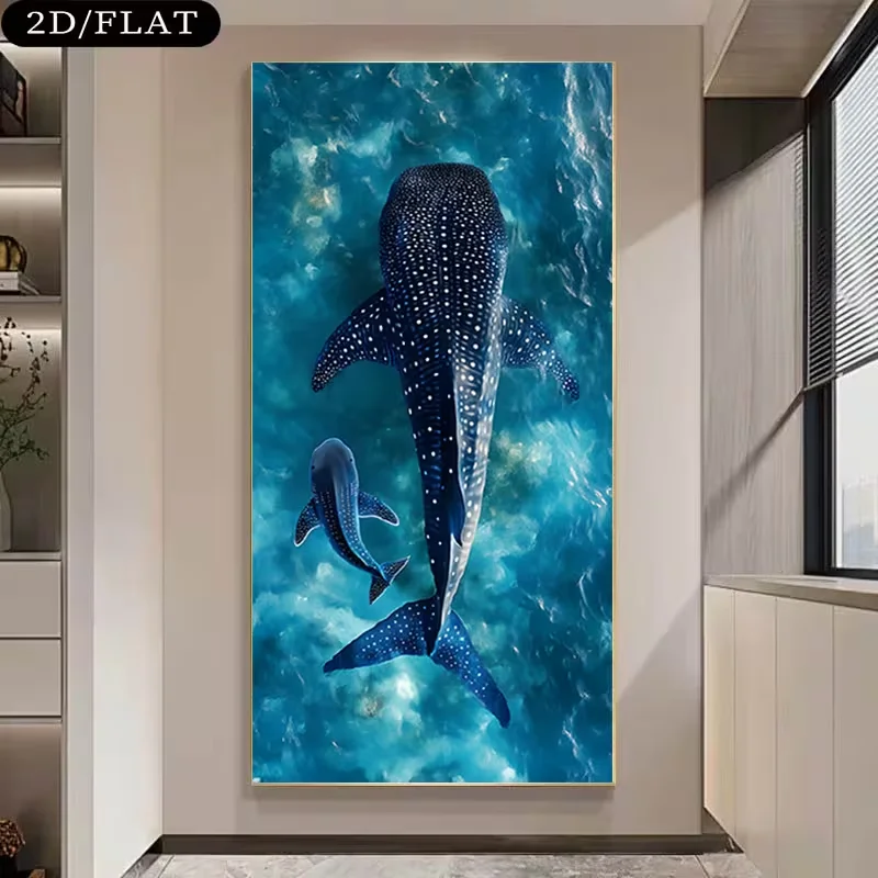 2D Flat, One 2D/FLAT Unframed Canvas Print Depicting a Large and Small Whale Shark Swimming Leisurely in the Ocean, Large Size 2
