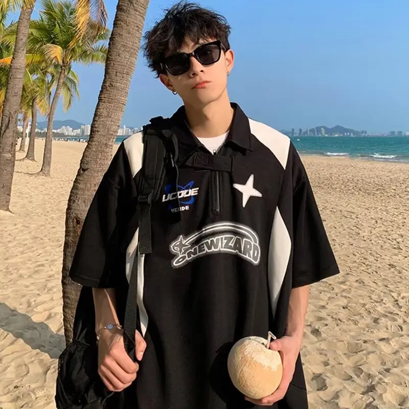 

American Retro Short Sleeved Y2k Motorcycle Style Polo Collar Simple Versatile Loose Vintage Summer Couple T-shirt Casual Top