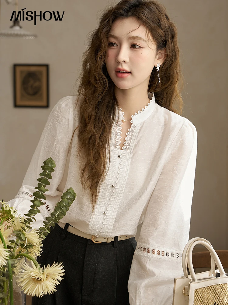 MISHOW French Hollow Out Long Sleeve Top 2024 Spring Chic Retro Stand Neck Lyocell Solid Puff Sleeve Elegant Shirts MXD12X1368