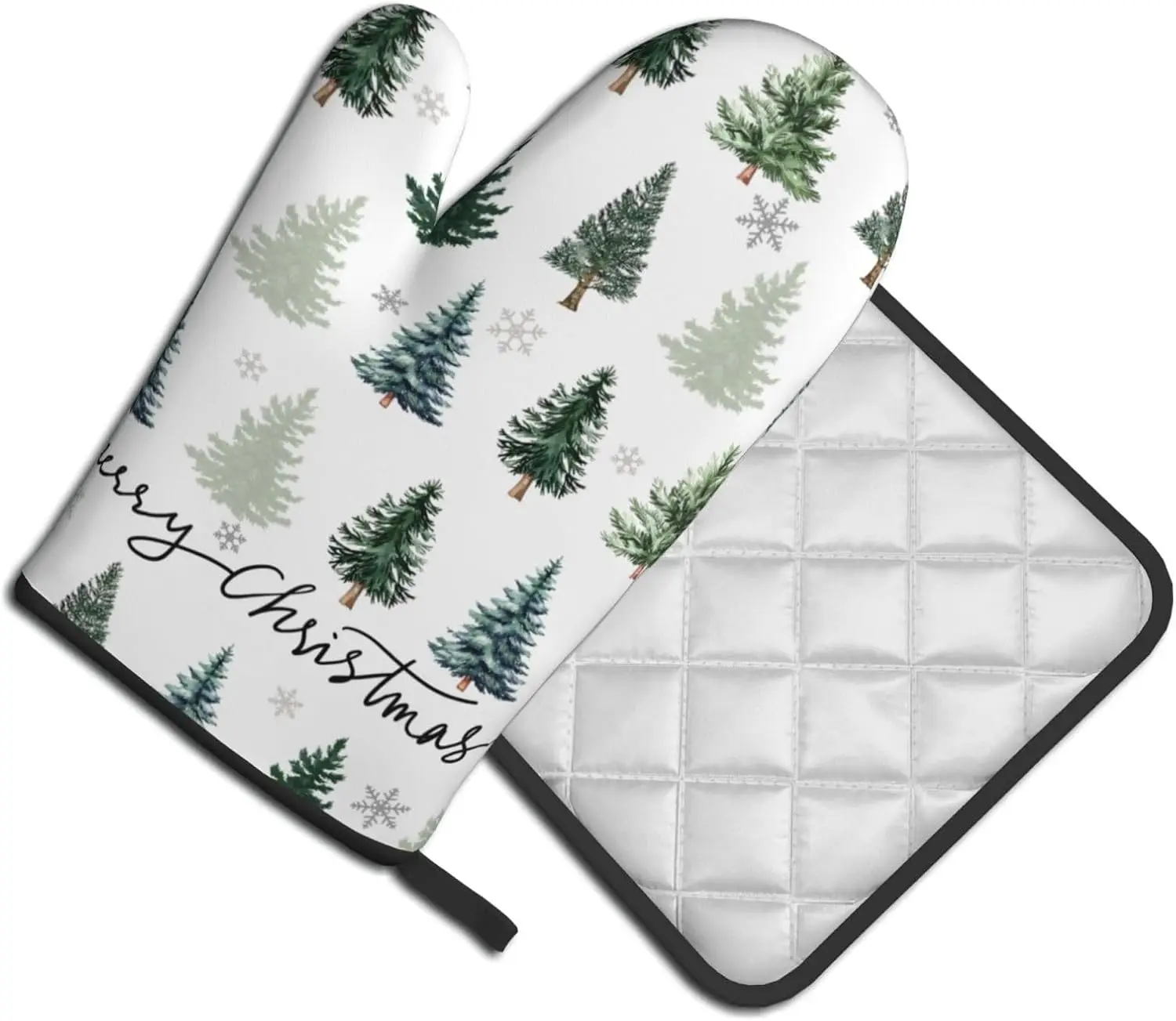 Winter Green Tree Snowflake Oven Mitts and Pot Holders Set Heat Resistant Non Slip Merry Christmas Snow Kitchen Gloves Hot