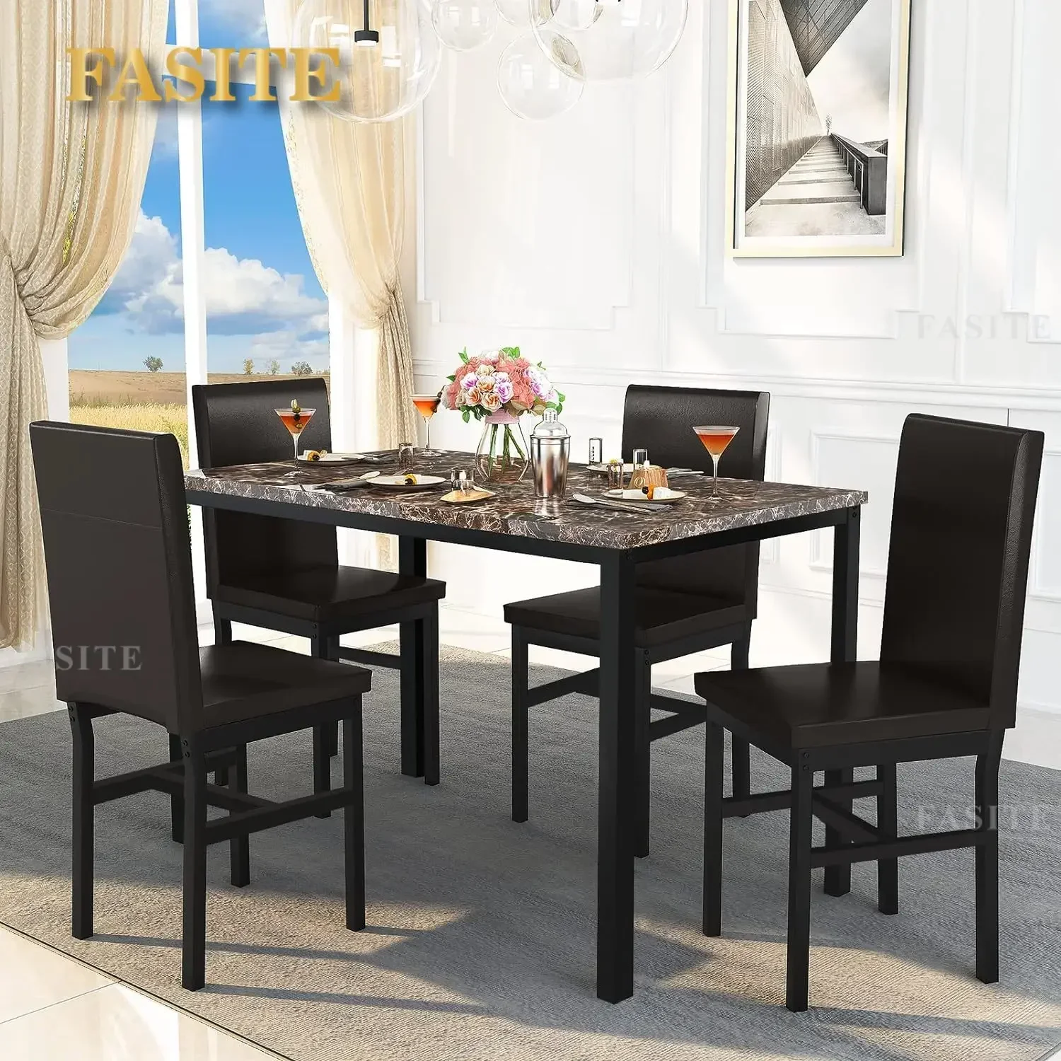 4-piece Dining Table Set 5-piece Artificial Marble Dining Table Set Kitchen Dining Table and Chairs with 4 Leather Cushioned