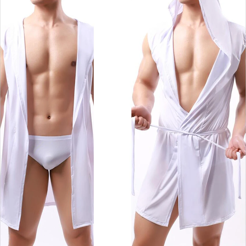 Men\'s Hooded Bathrobe Kimono Home Clothes Casual Sleepwear Ice Silk See Through Sleeveless Long Bath Robe Men Night Gown White