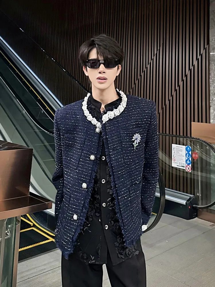 Hot Sale Men O-Neck Appliques Flower Jacket Single Breasted Loose Sequins Jackets Short Contrast Colors Multi-pocket Outerwear