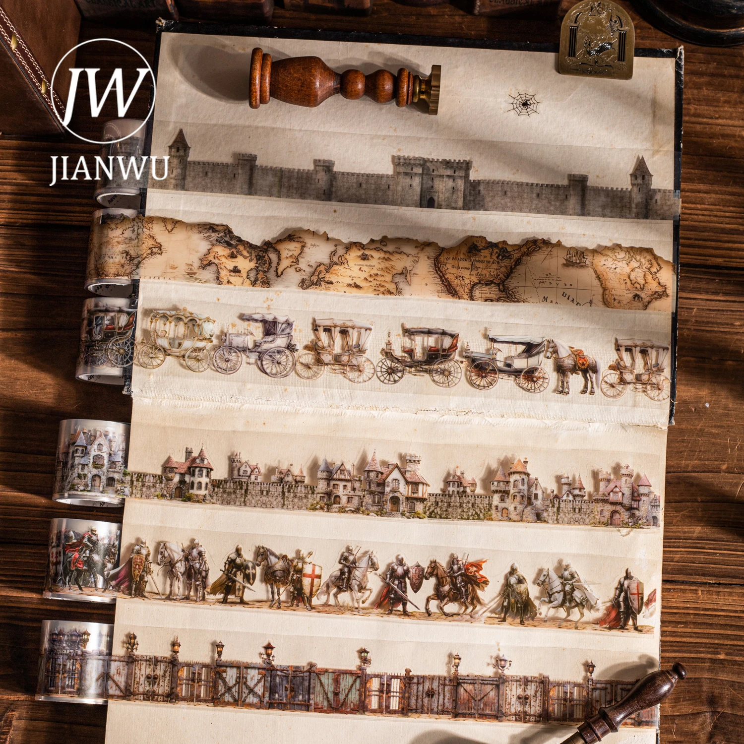 JIANWU Journey To The Middle Ages Series Vintage Knight Castle Landscape Material Collage PET Tape Creative Journal Stationery