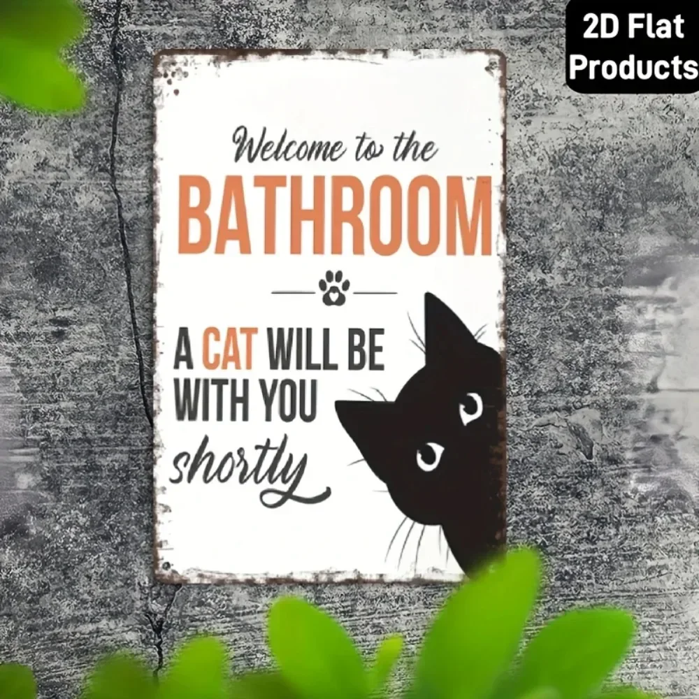 Aluminum Metal Sign Waterproof Bathroom Plaque, Peeking Black Cat Paw Print Funny Bathroom Text White Distressed Retro Ornament