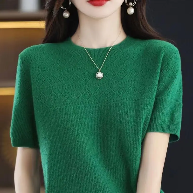 Vintage Fashion Women Knitted T-Shirt Summer Hollow Out Breathable Tees Female Clothing Short Sleeve Loose Pullover Casual Tops