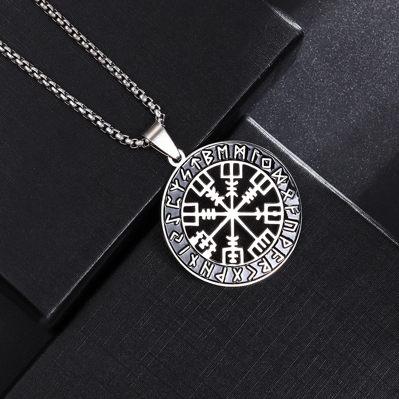 Vintage Scandinavian Pendant Necklace Stainless Steel Nordic Compass Valknut Rune Jewelry Men Women Fine Jewelry