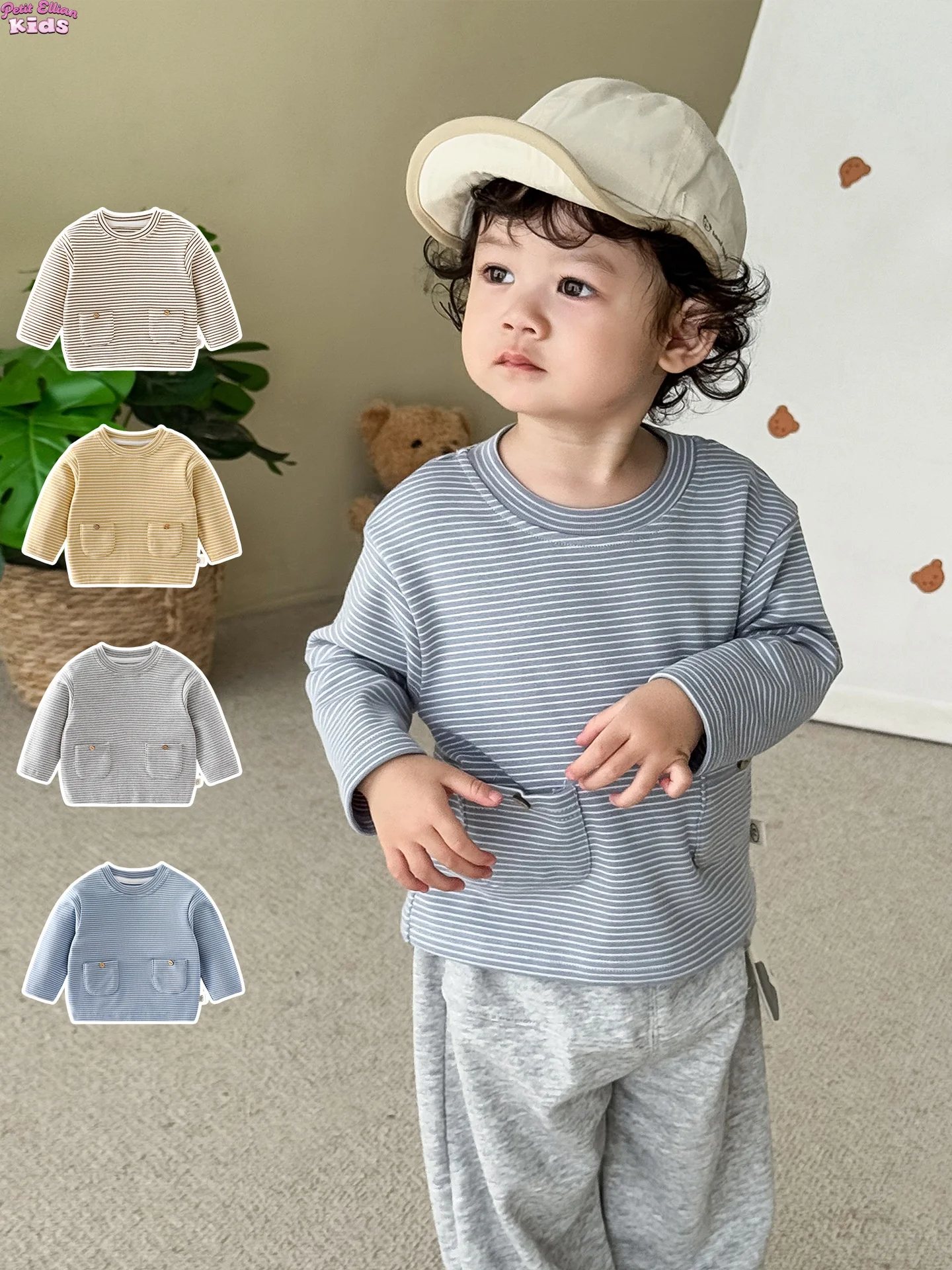 

Toddler Kids 0-5Y Cotton Fine Striped Long Sleeve T-shirt Top Double Pocket Detail Soft Casual Shirt for Baby Boys Girls