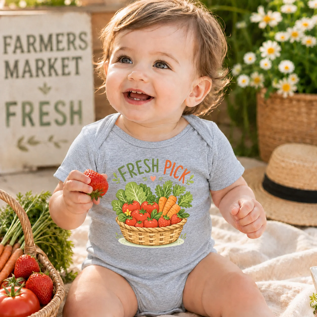 Fresh Pick Vegetable Basket Print Baby Bodysuit Short Sleeve Cotton Onesie Neutral Farmer Market Newborn Romper Infant Jumpsuit