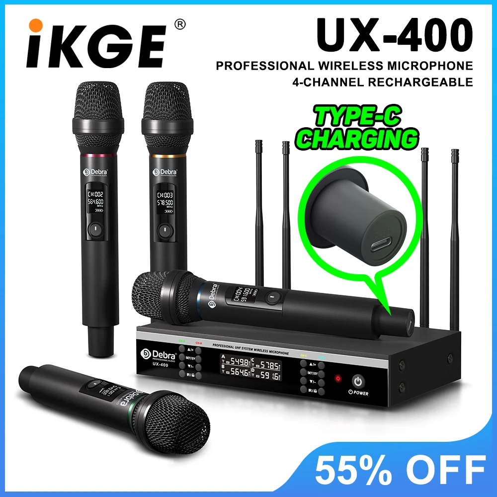 UX-400 UHF 4-channel wireless handheld microphone, rechargeable microphone, automatic frequency search, for webcasting, stage