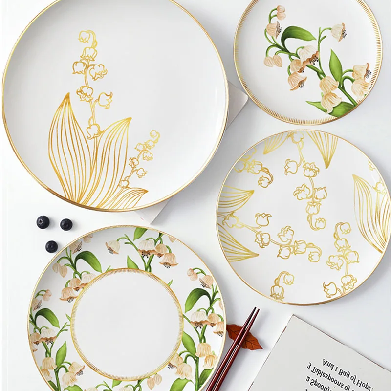 European Ceramic Plate Sets Painted Floral Decor Wedding Center Dinner Set Plates and Dishes Gold Stroke Breakfast Bread Dish