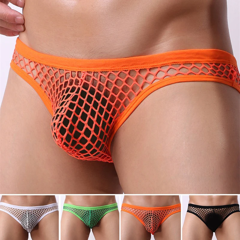 Sexy Men\'s Hollow Underwear Briefs Mesh Fishnet Transparent Penis Pouch Underpants Hombre Panties Erotic Lingerie  High Elastic