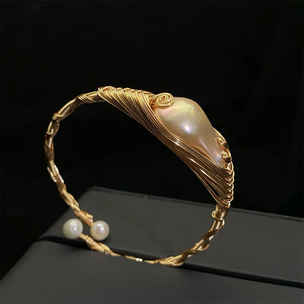 

Handmade Woven Natural Baroque Freshwater Pearl Bracelets for Women Open Bangles Luxury Party Jewelry