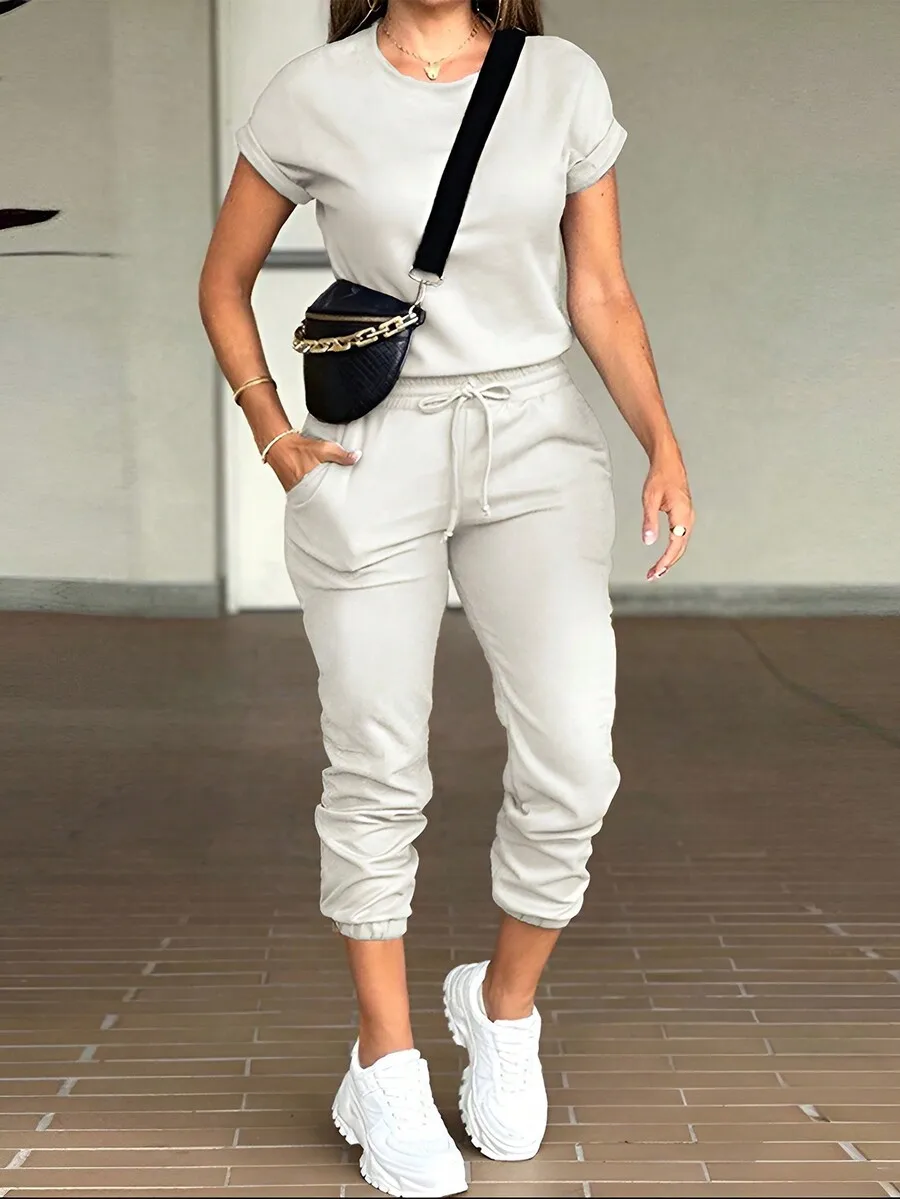 BWQ 2 pezzi da donna tinta unita girocollo manica corta top e pantaloni lunghi con tasca con coulisse abito casual