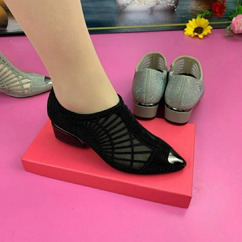 Hollowed Out Mesh Bling Pumps Pointed Toe Sandals Women\'s Work Shoes Breathable Low Heel Korean Fashion Novelty Drop Shipping