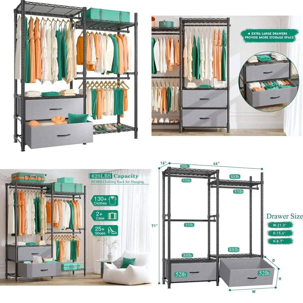 

Сверхмощная регулируемая портативная черная вешалка для одежды с 2 ящиками для подвешивания и хранения, поддерживает до 620 фунтов, ширина 16 x 46 дюймов.