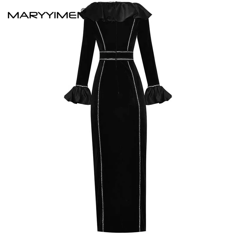 MARYYIMEI-Robe crayon en velours noir pour femme, robe à volants, col en V, manches évasées, perles, magnifique robe de soirée, créateur de mode, automne, hiver