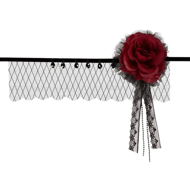 Punk Rose Flower Hairband for Cosplay Party Half Face Cover Headband Elegant Headdress Evening Gown Hairband