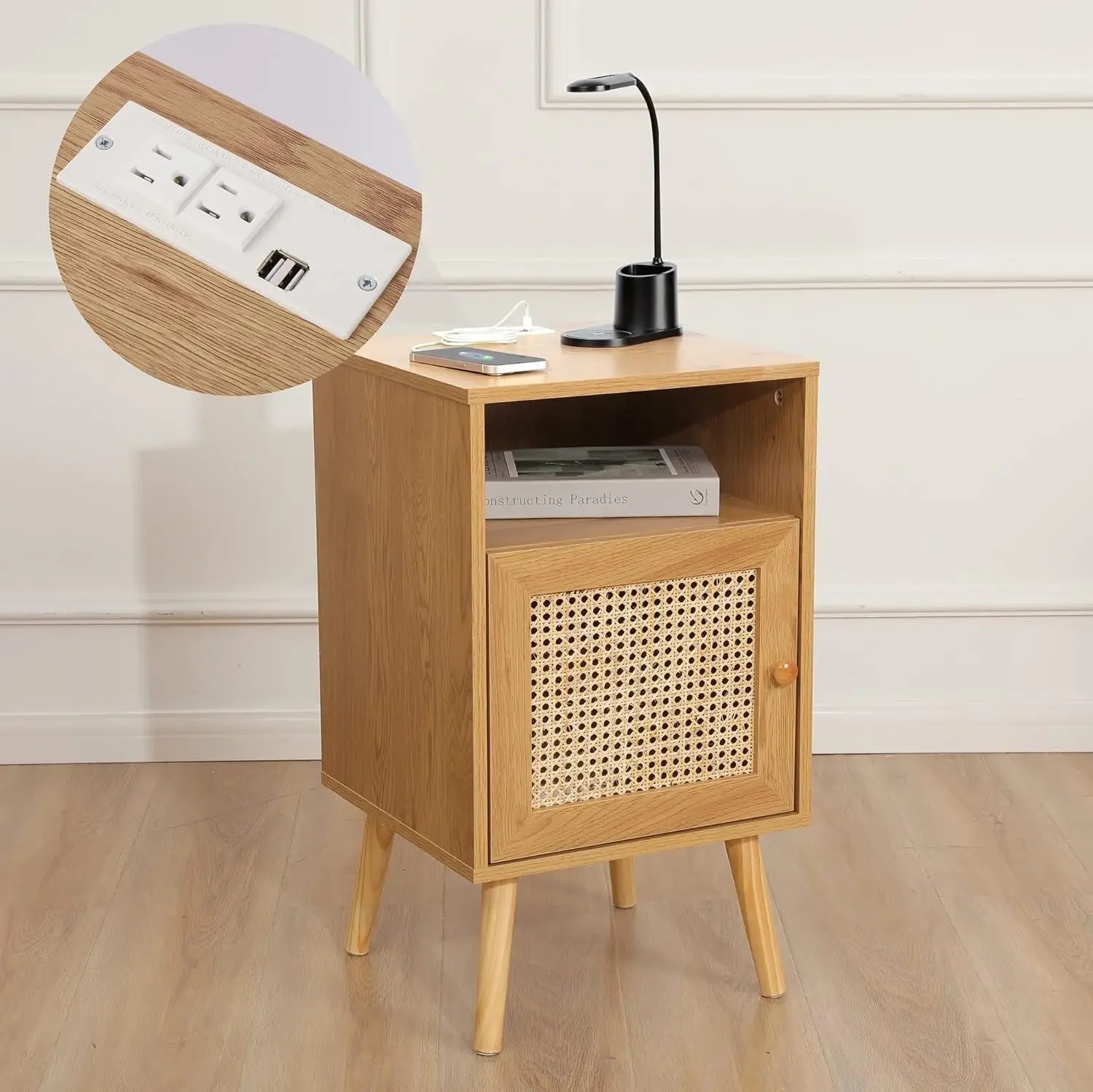 Rotan nachtkastje met laadstation USB-poorten en stopcontacten, Boho houten nachtkastje bijzettafel voor woonkamer