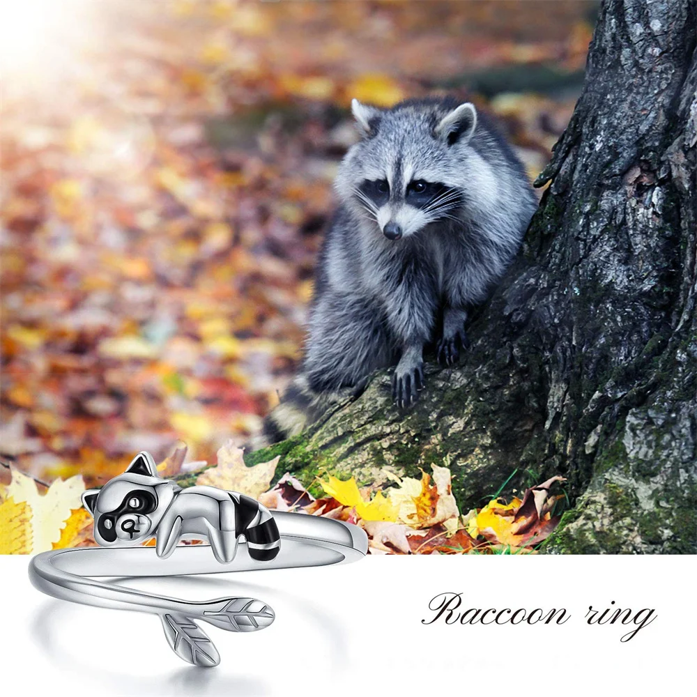 Harong New Raccoon Open Ring Trendy Cute Silver Plated Smooth Animal Jewelry for Kids Adult Christmas Present