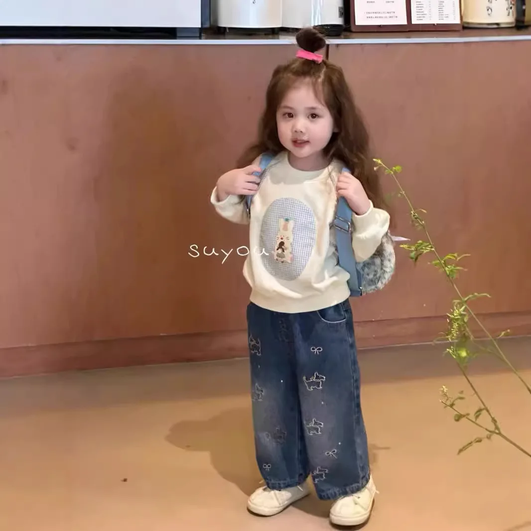 2025 Spring Autumn Kids Girls 2PCS Clothes Set Cartoon Patched Cotton Pullovers Dog Embroidery Jeans Suit Toddler Girl Outfit