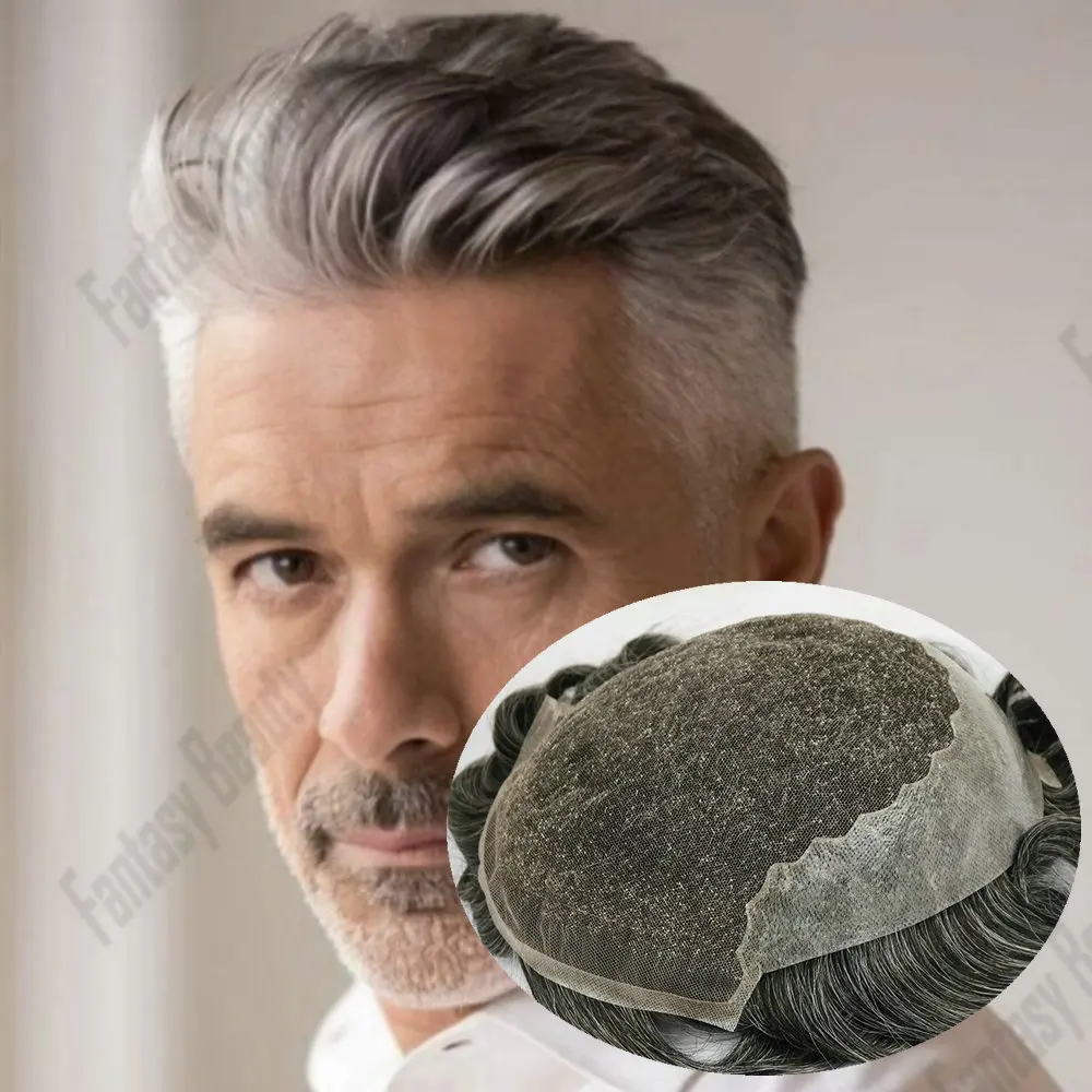 

Q6 Swiss Lace Front Toupee Men 1b65 Grey Black European Human Hair Lace&PU Men Hair Replacement System Natural Hair Prosthesis