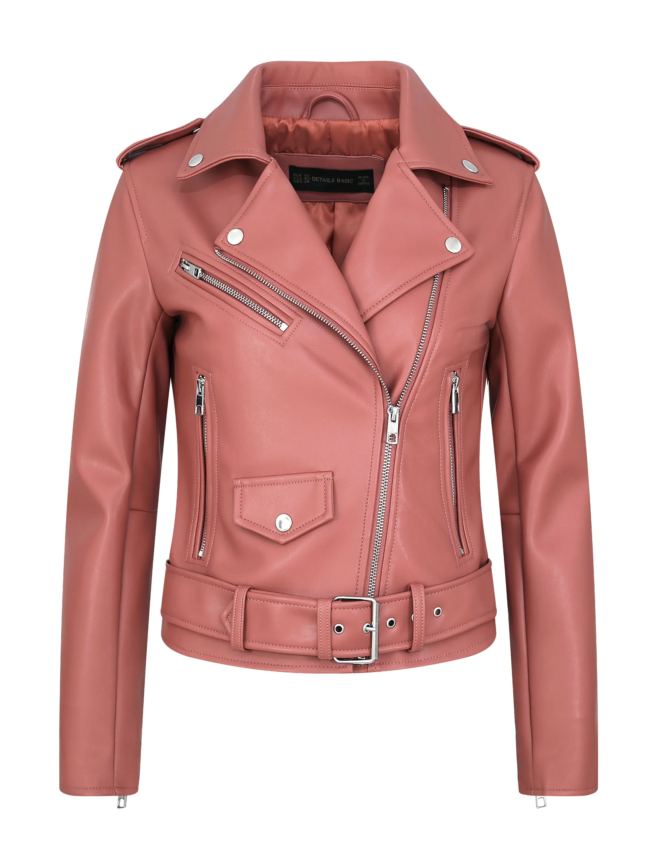 2023 Autumn Winter Women Fashion Soft Faux Sheepskin Leather Jackets Belt Lady Motor Biker Pink PU Zippers Pockets Street Coats