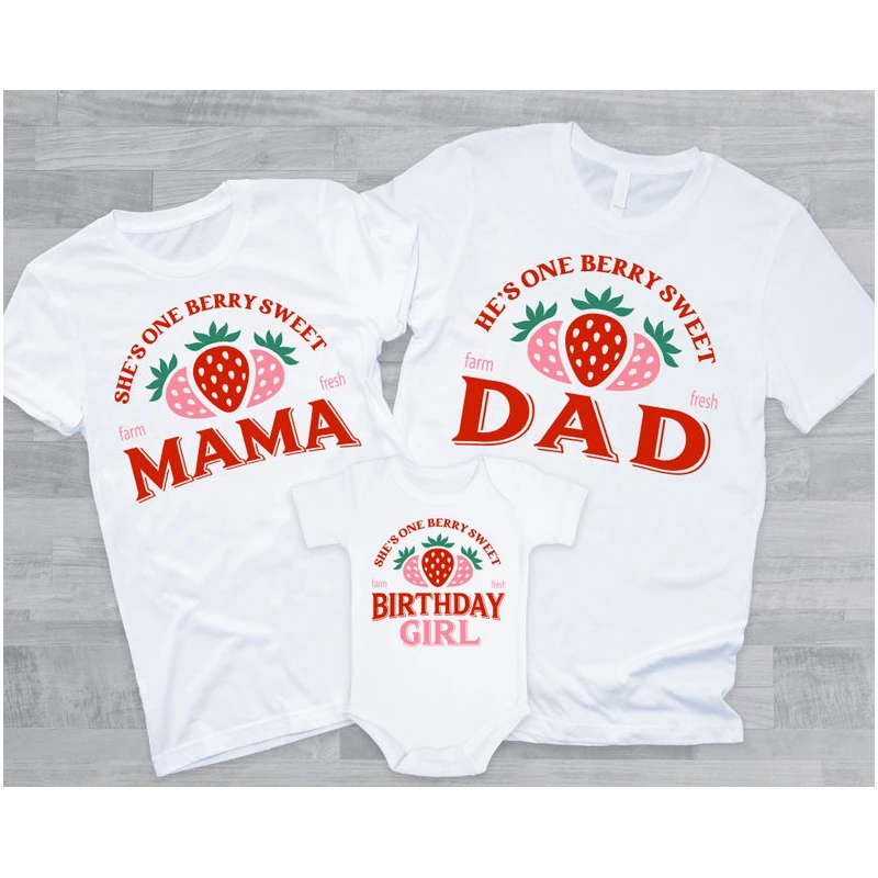 Birthday Shirt Strawberry Family T-Shirts One Berry Sweet Birthday Girl, Fruit Themed Birthday Pink Red Strawberries Girl