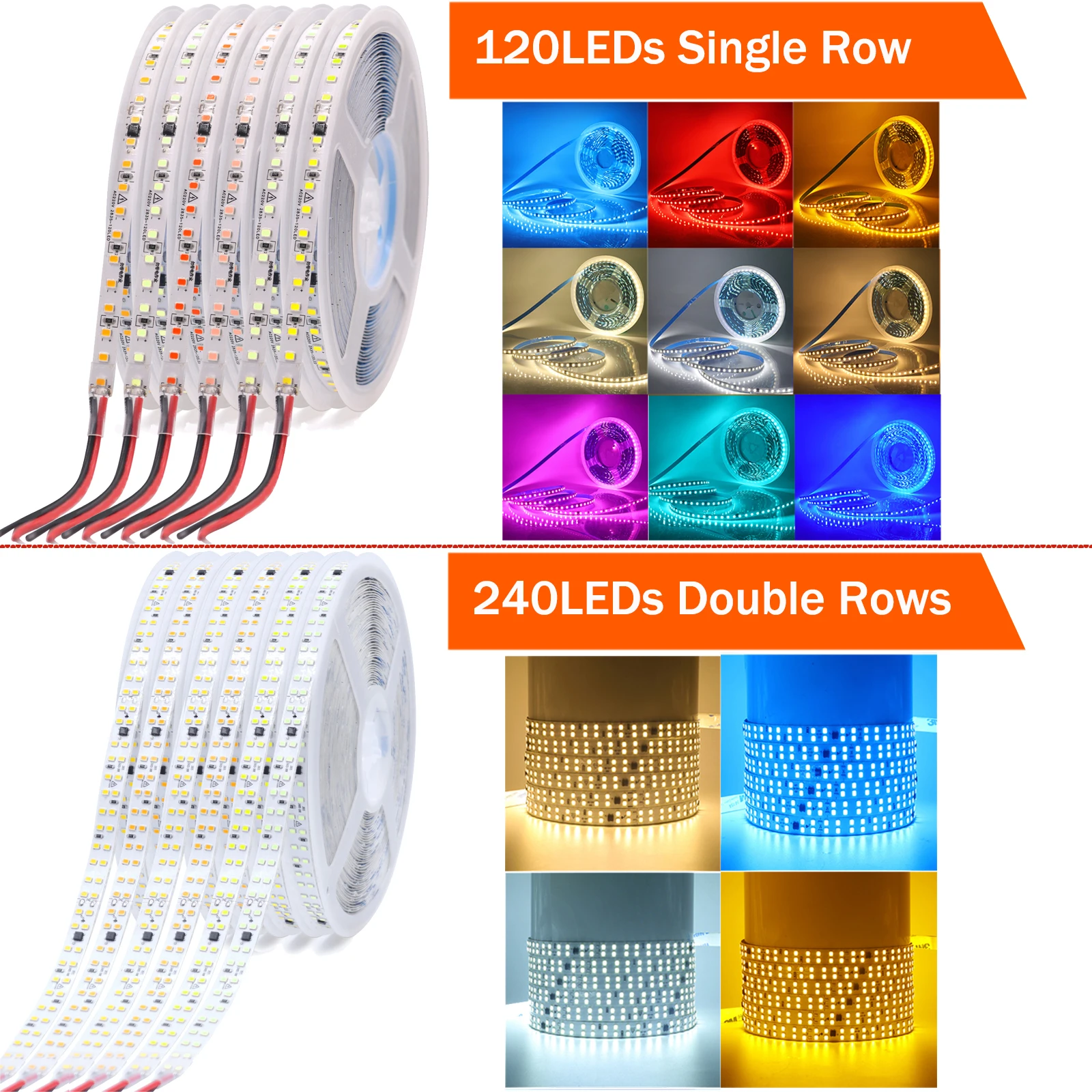 Imagem -05 - Flexível Led Strip Light para Decoração de Casa Fita Adesiva Corda de Luz Linha Única Linha Dupla 220v 2835 120leds 240leds