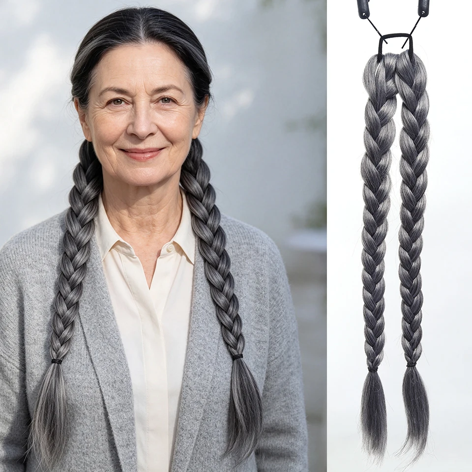 Gray Braided Ponytail Extension for elderly Women With Hair Tie Elastic Band Synthetic Hair for Daily Party Christmas Halloween