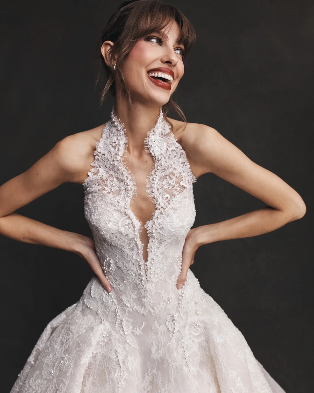 Sharon Said 2026 Elegant Lace Appliques Halter Deep V Neck Wedding Dress with Pearl Women Bride Ball Gown SW596 Customized