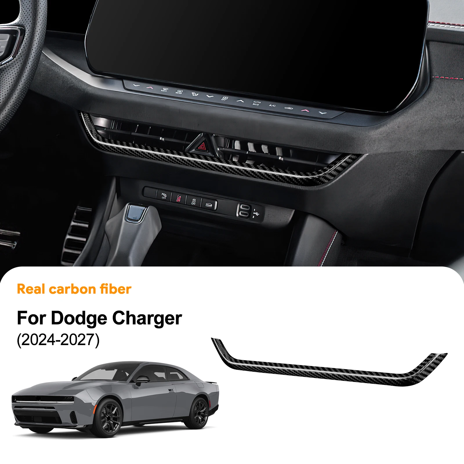 Car Central Air Outlet Trim Strip Sticker For Dodge Charger 2024 2025 2026 2027 Real Hard Dry Carbon Fiber Interior Accessories